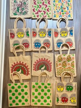 Handcrafted Jute Tote Bag with Colorful prints - NWOT